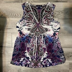 Apt. 9 Purple & White Paisley-Print Sleeveless Tie-Neck Top